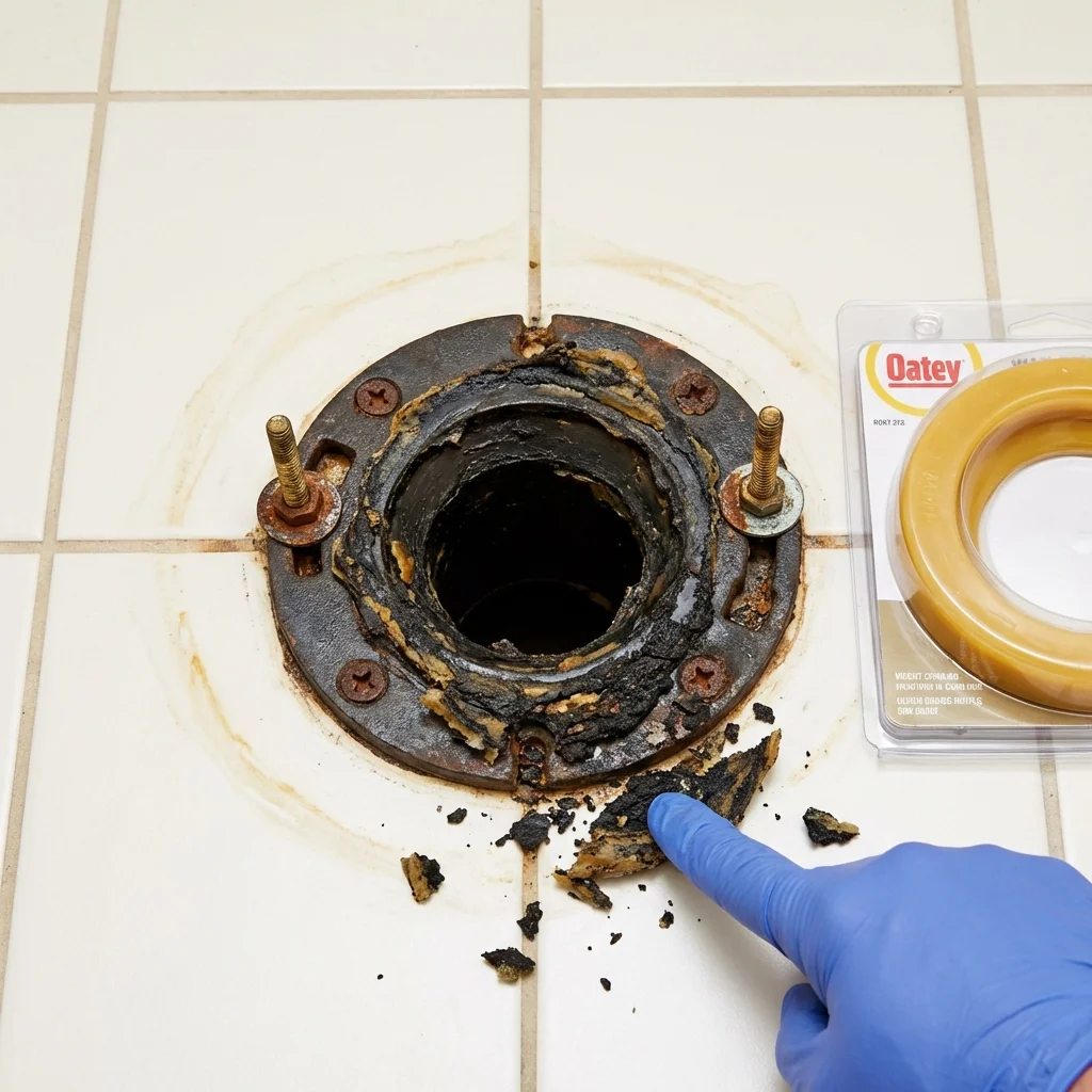 Failed wax ring showing water seepage at the base of a toilet in a Seneca, MO home